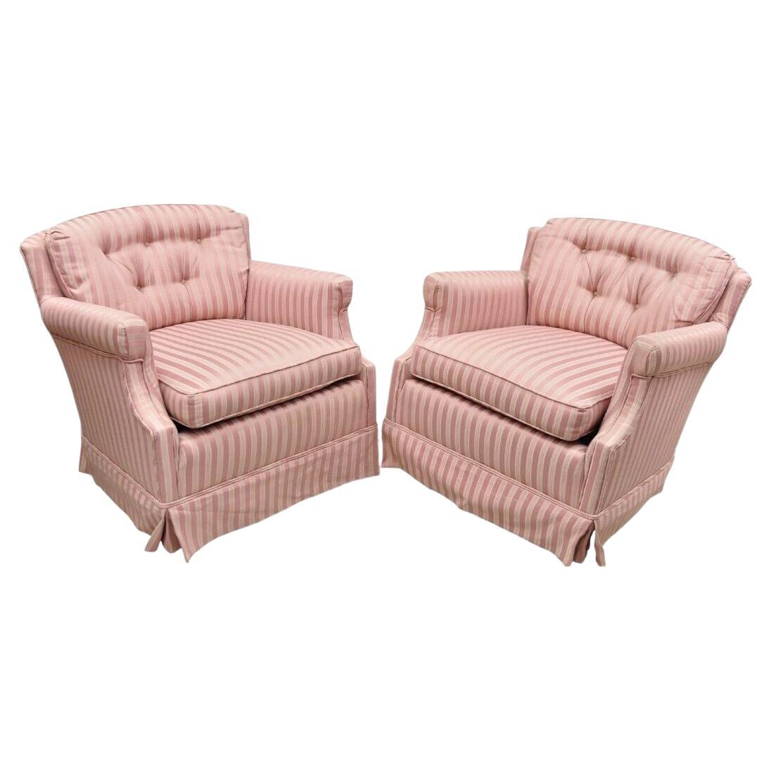 Pair Vintage Custom Pink Candy Stripe Upholstered Swivel Tilt Club Lounge Chairs