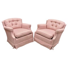 Pair Retro Custom Pink Candy Stripe Upholstered Swivel Tilt Club Lounge Chairs