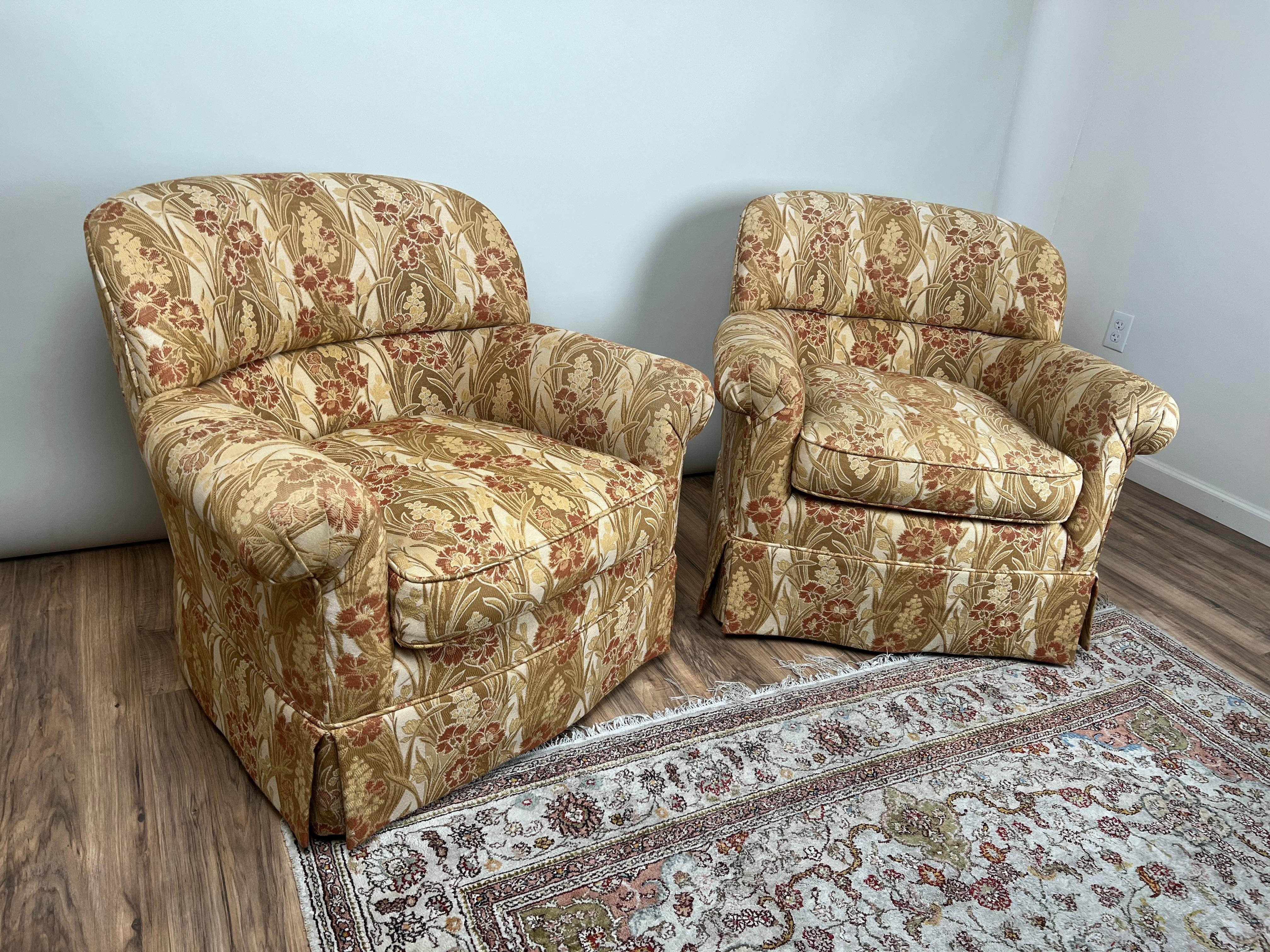 Pair Vintage Custom Upholstered Club Chairs One Swivel Chair and One Fixed For Sale 3