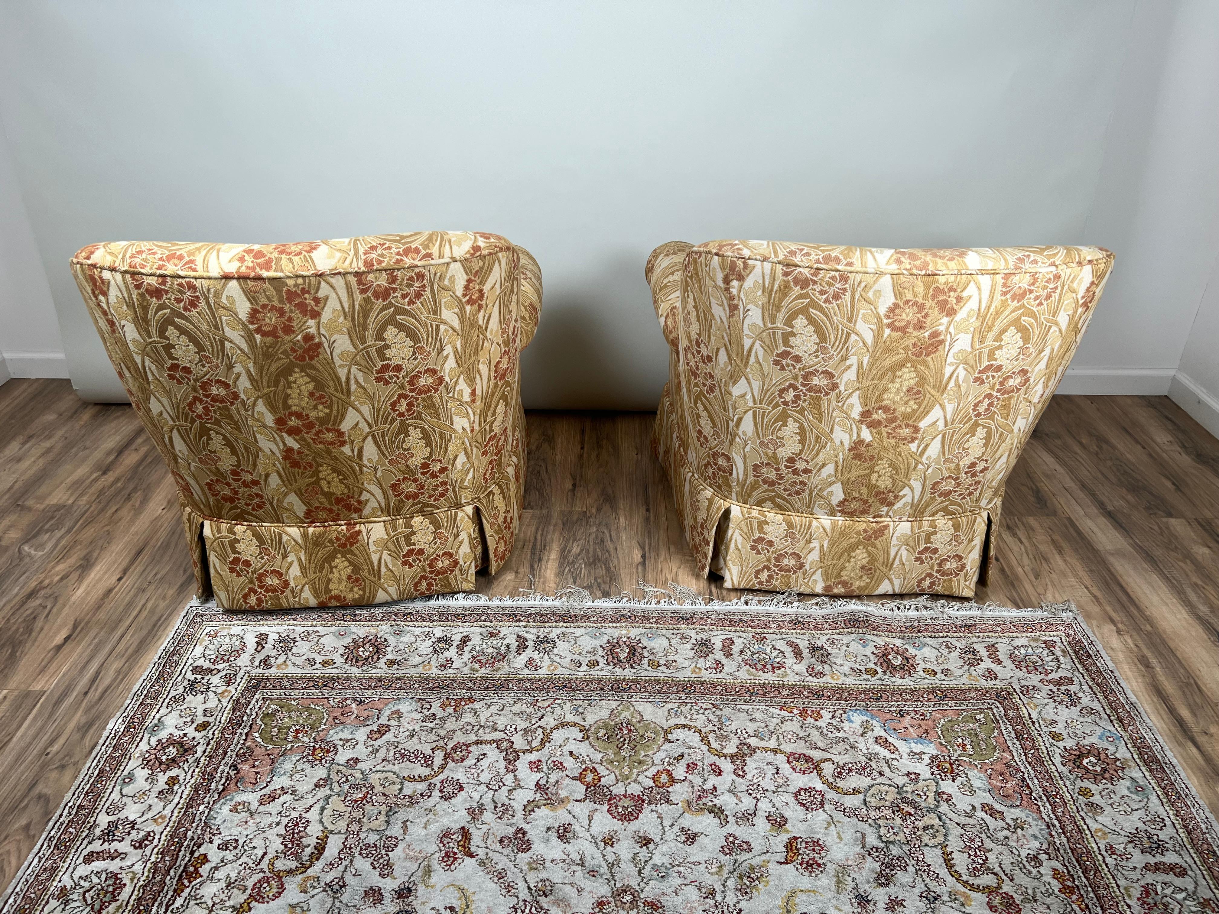 American Classical Pair Vintage Custom Upholstered Club Chairs One Swivel Chair and One Fixed For Sale
