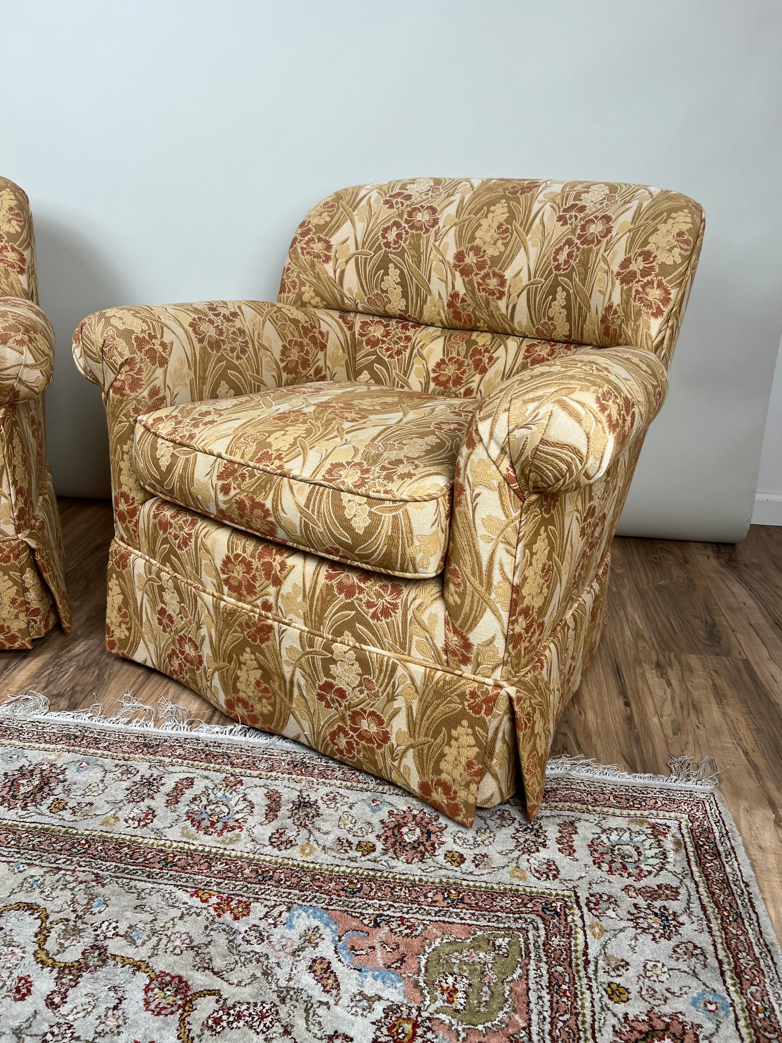 American Pair Vintage Custom Upholstered Club Chairs One Swivel Chair and One Fixed For Sale