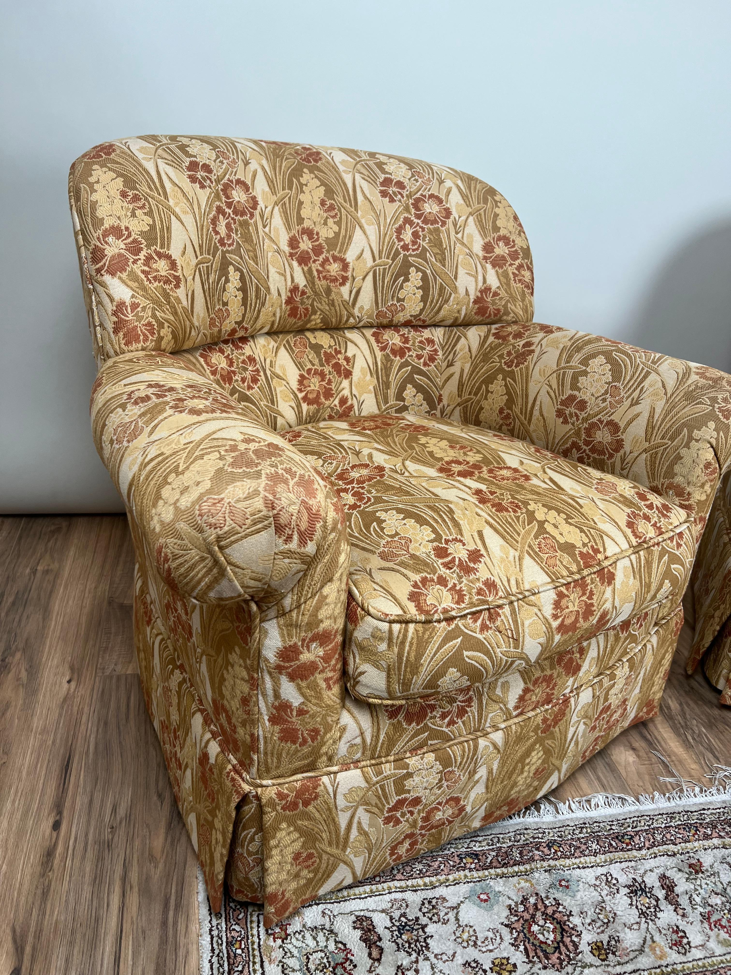 Pair Vintage Custom Upholstered Club Chairs One Swivel Chair and One Fixed In Good Condition For Sale In Westfield, MA