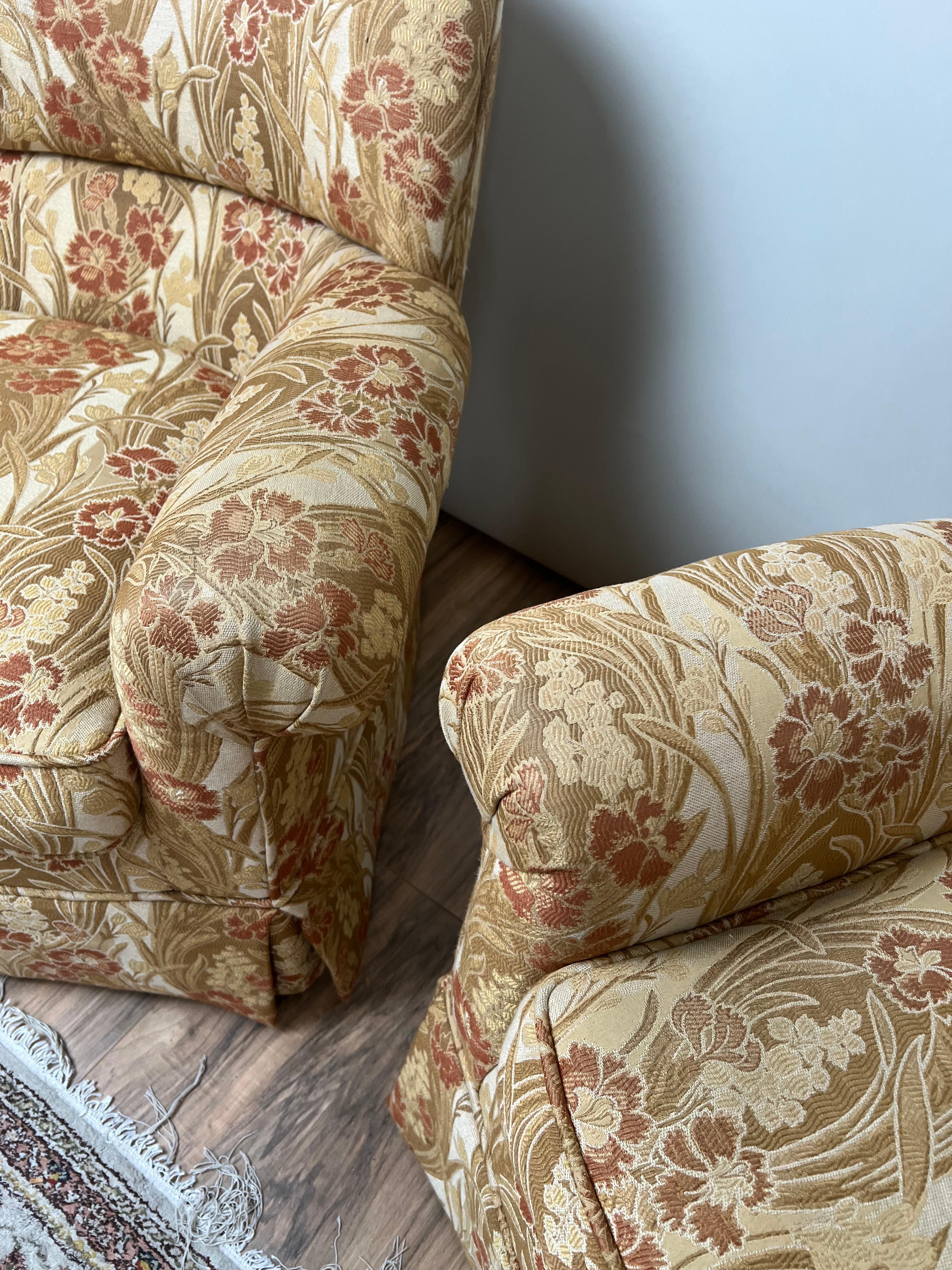 Contemporary Pair Vintage Custom Upholstered Club Chairs One Swivel Chair and One Fixed For Sale
