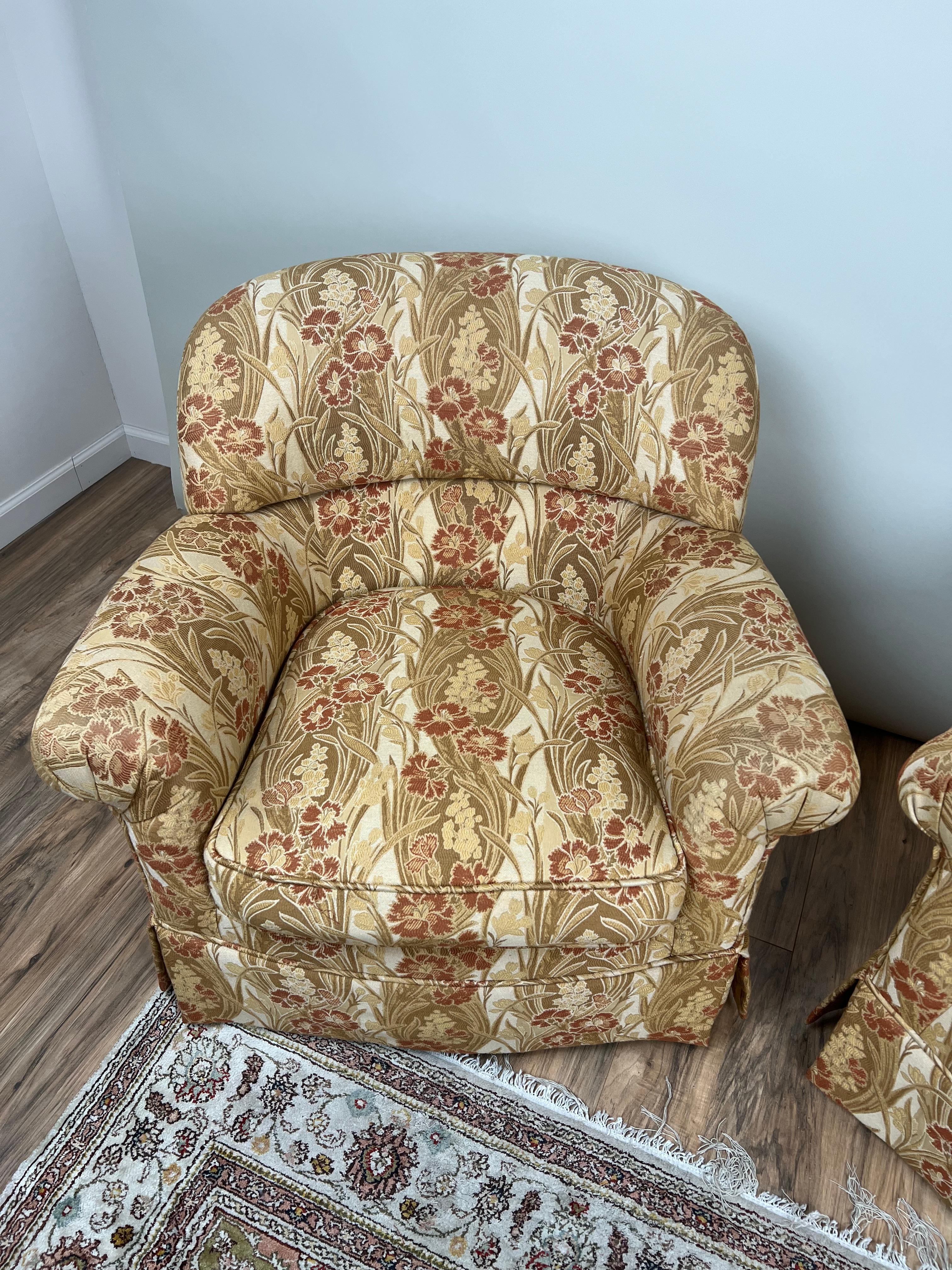 Fabric Pair Vintage Custom Upholstered Club Chairs One Swivel Chair and One Fixed For Sale