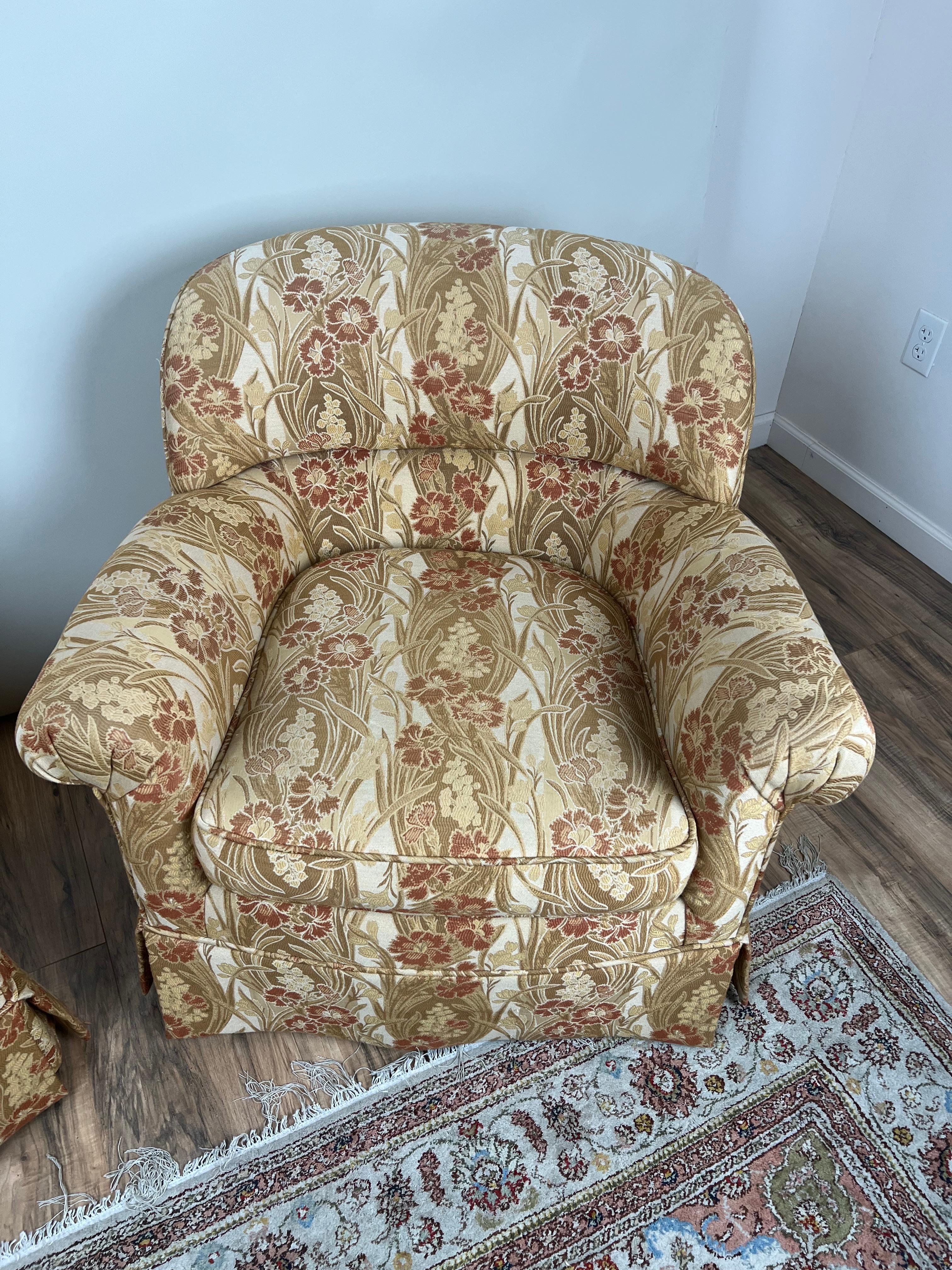 Pair Vintage Custom Upholstered Club Chairs One Swivel Chair and One Fixed For Sale 1