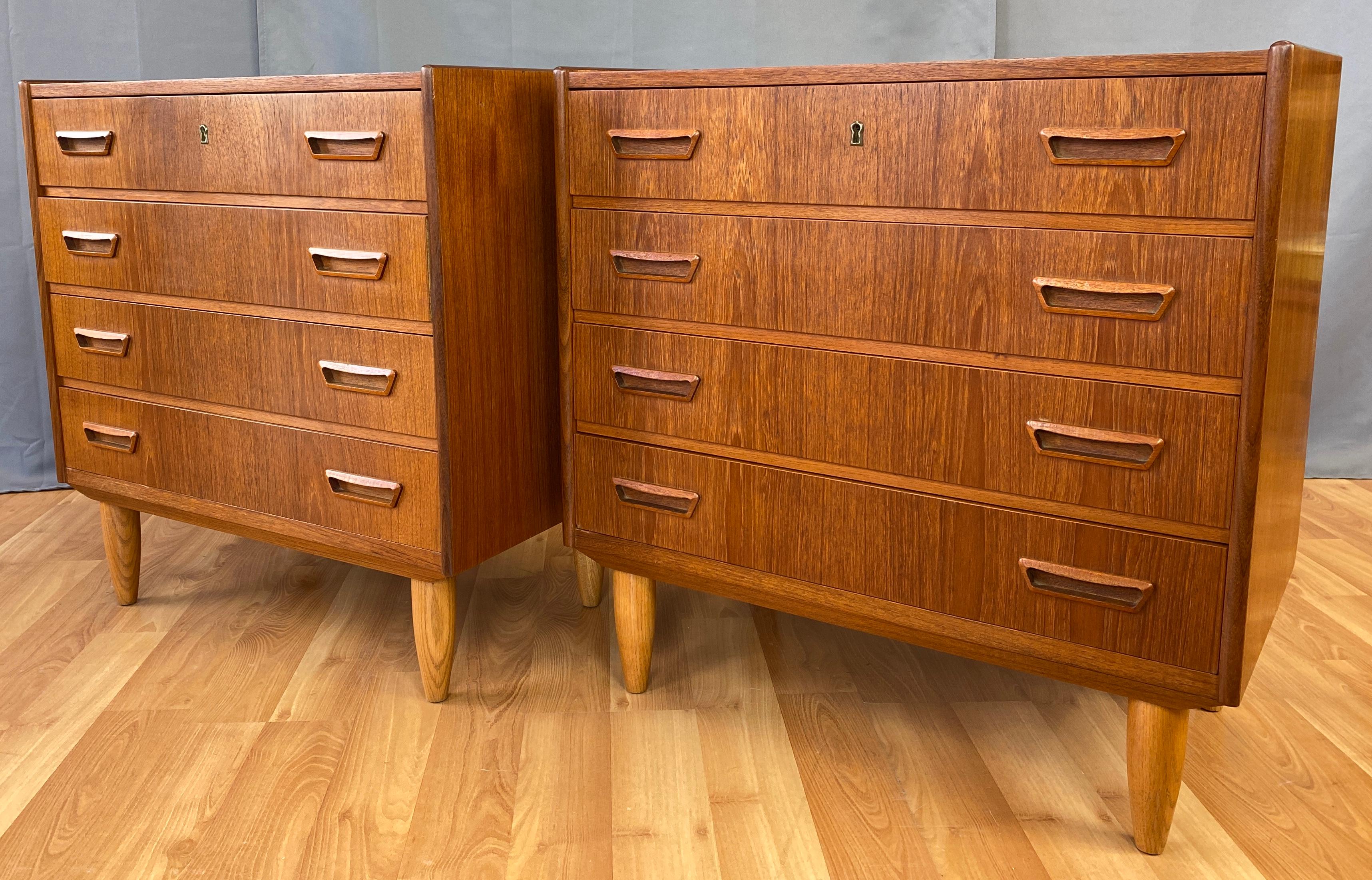 Offered here is a pair of handsome Danish modern teak dressers by Dyrlund, they would also work nicely as nightstands.
Each has four drawers that are about 3 3/4 inches deep, with dovetail joints, each drawer has pair of smart carved teak handles,