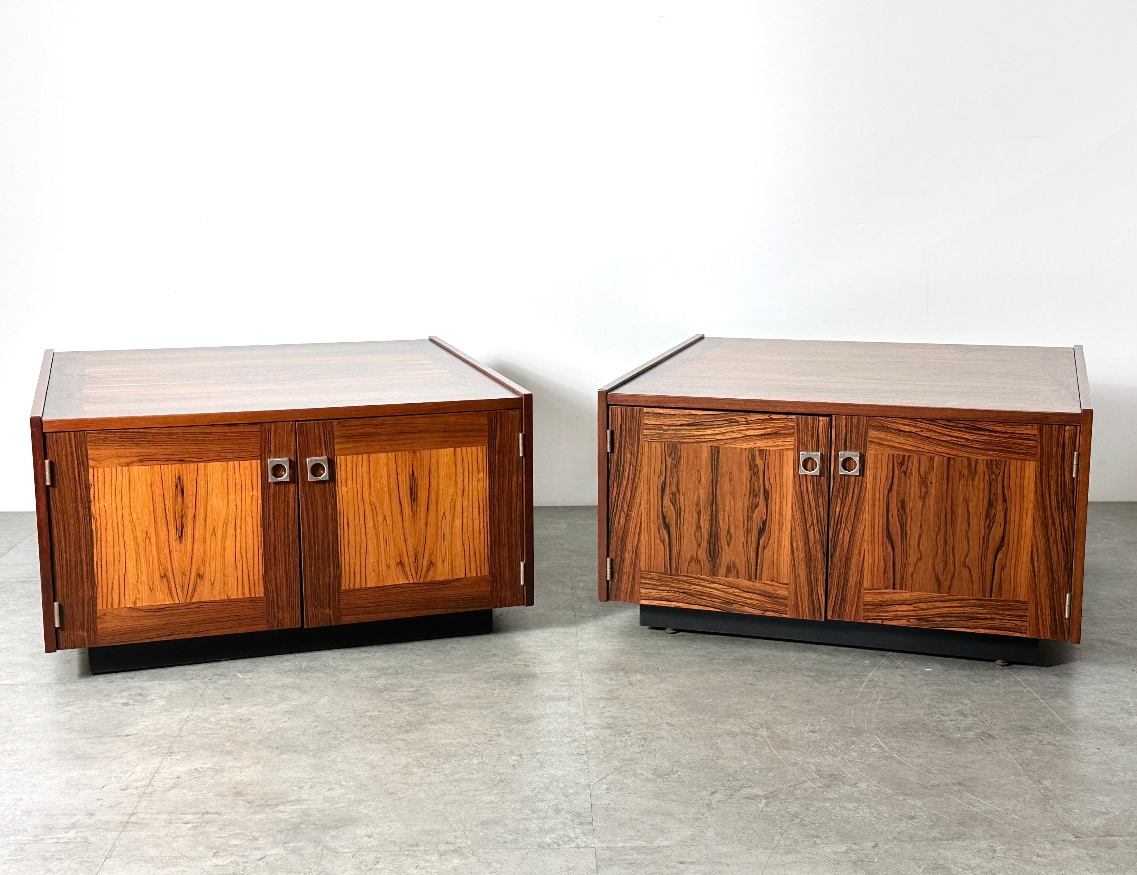 Rare Pair Vintage Danish rosewood coffee tables or Side Tables or nightstands by Johannes Sorth for Bornholms Møbelfabrik 1960s. Square coffee tables with doors in the front and storage in the back. The rosewood is truly spectacular. Stylish Danish