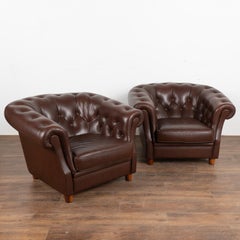 Pair, Vintage Dark Brown Leather Barrel Back Club Chairs, Denmark circa 1950-70