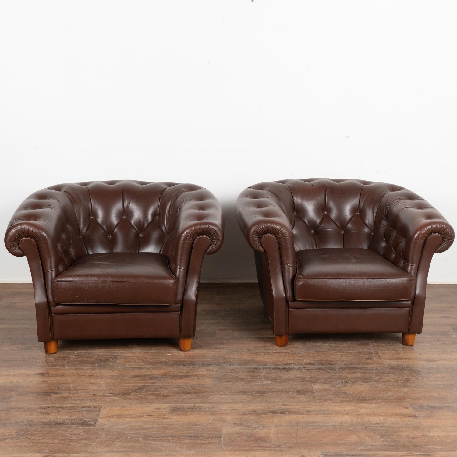 Chesterfield Pair, Vintage Dark Brown Leather Barrel Back Club Chairs, Denmark circa 1950-70 For Sale