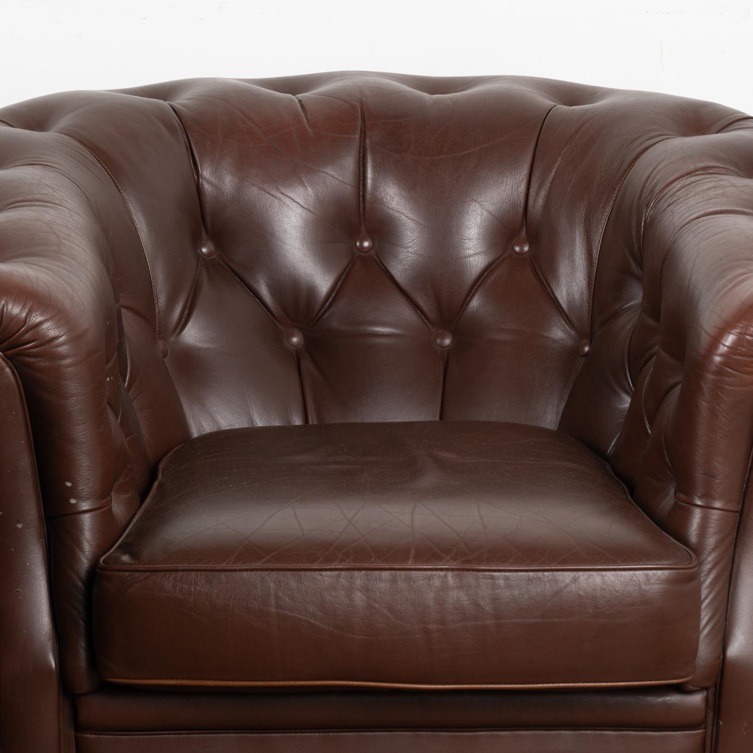 Danish Pair, Vintage Dark Brown Leather Barrel Back Club Chairs, Denmark circa 1950-70 For Sale