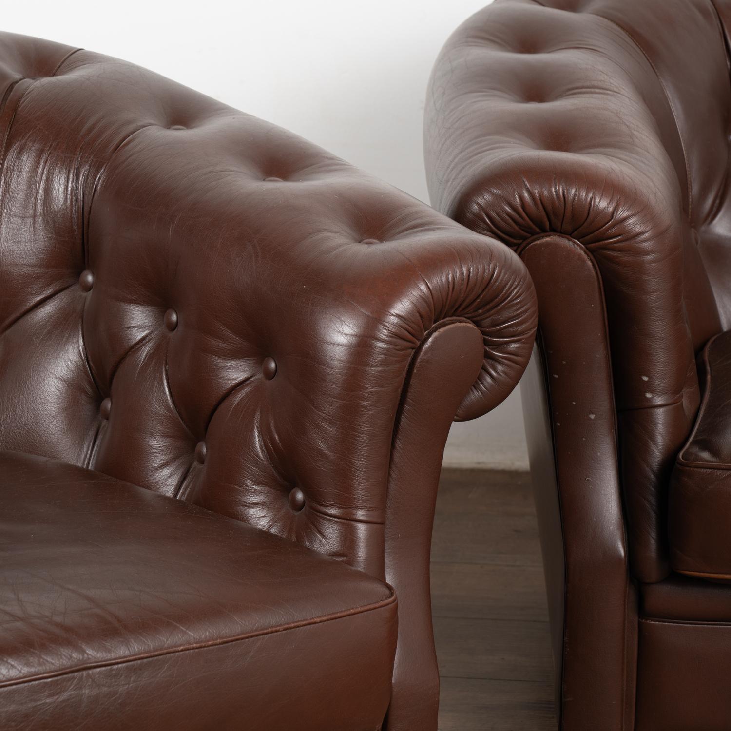 20th Century Pair, Vintage Dark Brown Leather Barrel Back Club Chairs, Denmark circa 1950-70 For Sale