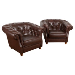 Pair, Vintage Dark Brown Leather Barrel Back Club Chairs, Denmark circa 1950-70