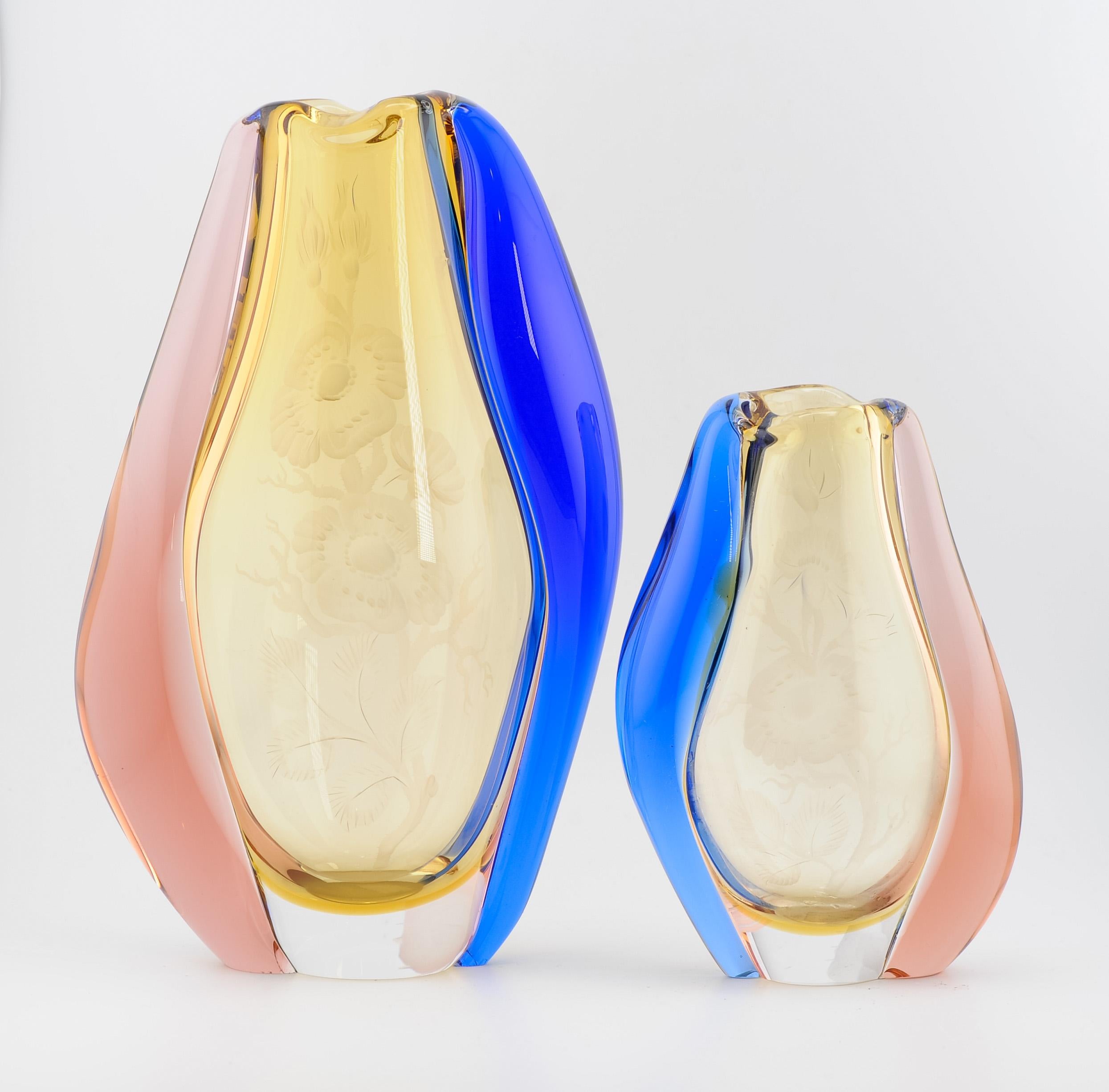 Jugendstil Pair Vintage Design Art Glass Vase Hana Machovska, 1960s Mstisov Glasswork Czech For Sale