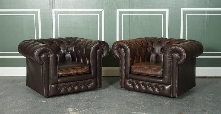 Pair Vintage Distressed Brown Leather Chesterfield Gentlemans Club Tub ...