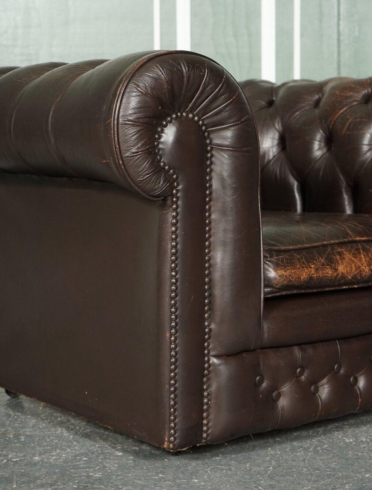 Pair Vintage Distressed Brown Leather Chesterfield Gentlemans Club Tub