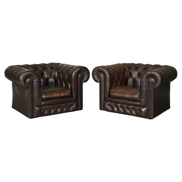 Pair Vintage Distressed Brown Leather Chesterfield Gentlemans Club Tub