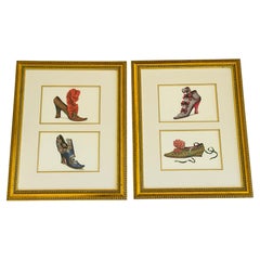 Coppia di doppie cromolitografie d'epoca Scarpe di moda antiche