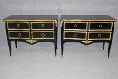 Pair Vintage Ebonized and Gilt Louis XV Style Brass Mounted Commodes By Bodart