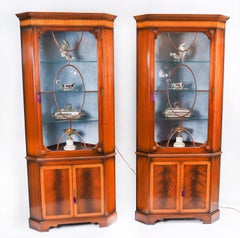 Pair Vintage English Flame Mahogany Corner Display Cabinets Harrods 20th Century