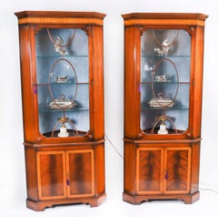 Pair Vintage English Flame Mahogany Corner Display Cabinets Harrods 20thCentury
