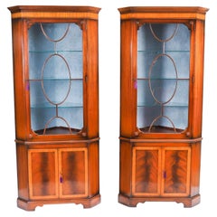 Pair Vintage English Flame Mahogany Corner Display Cabinets Harrods 20thCentury