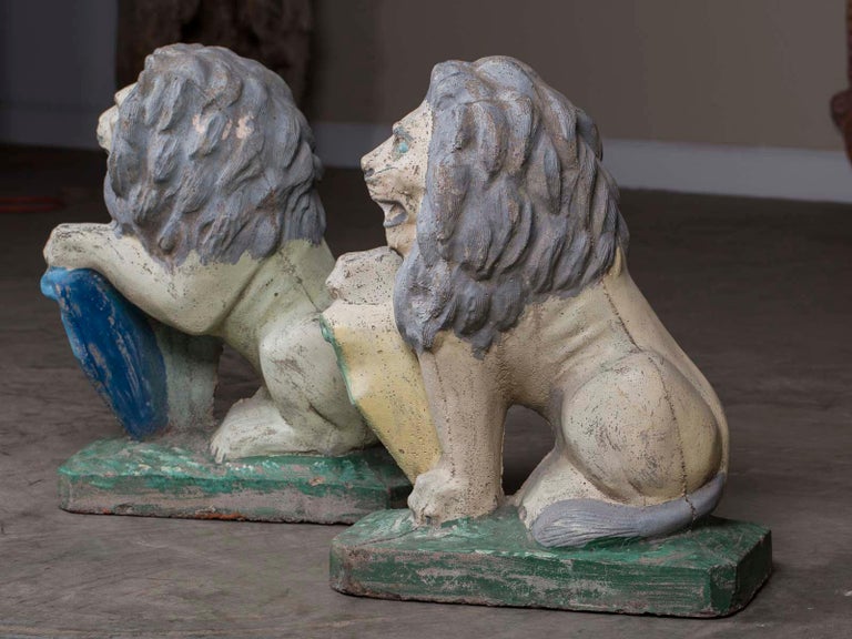 Pair of Vintage English French Garden Ornament Cast Stone Lions, circa