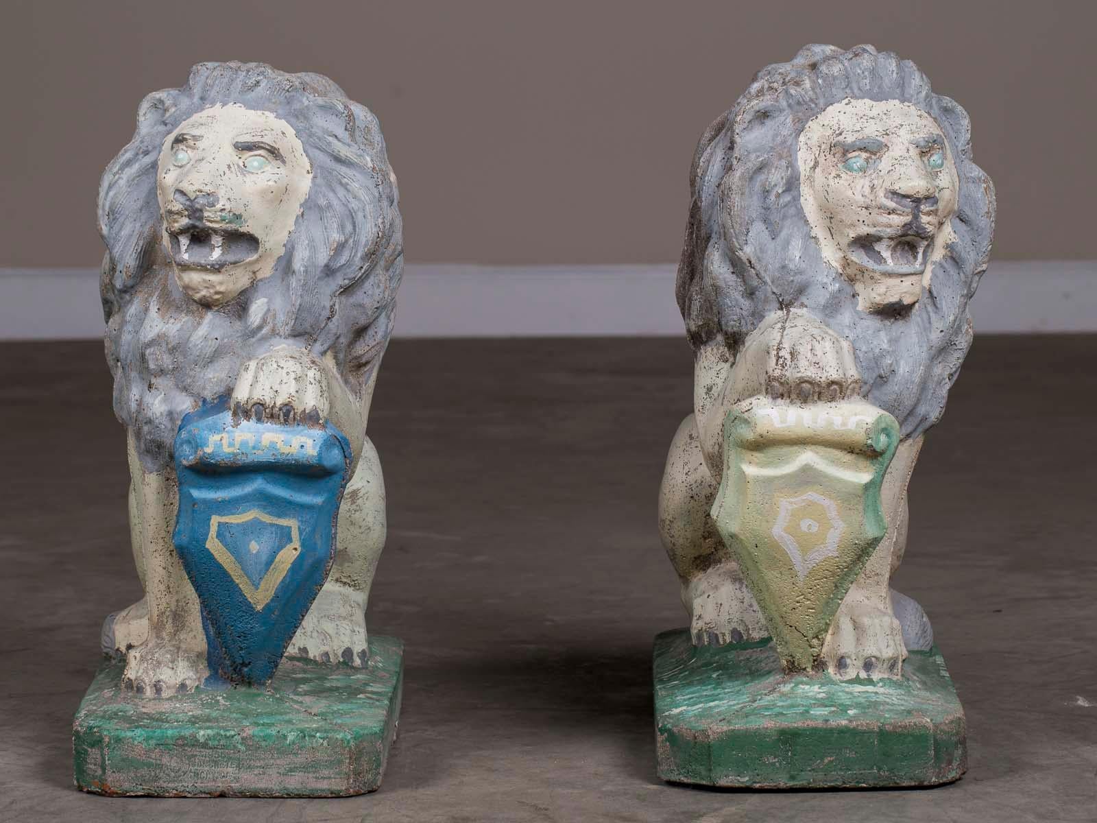 Romantic Pair of Vintage English French Garden Ornament Cast Stone Lions, circa 1930 For Sale