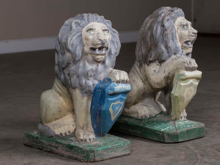 Pair of Vintage English French Garden Ornament Cast Stone Lions, circa