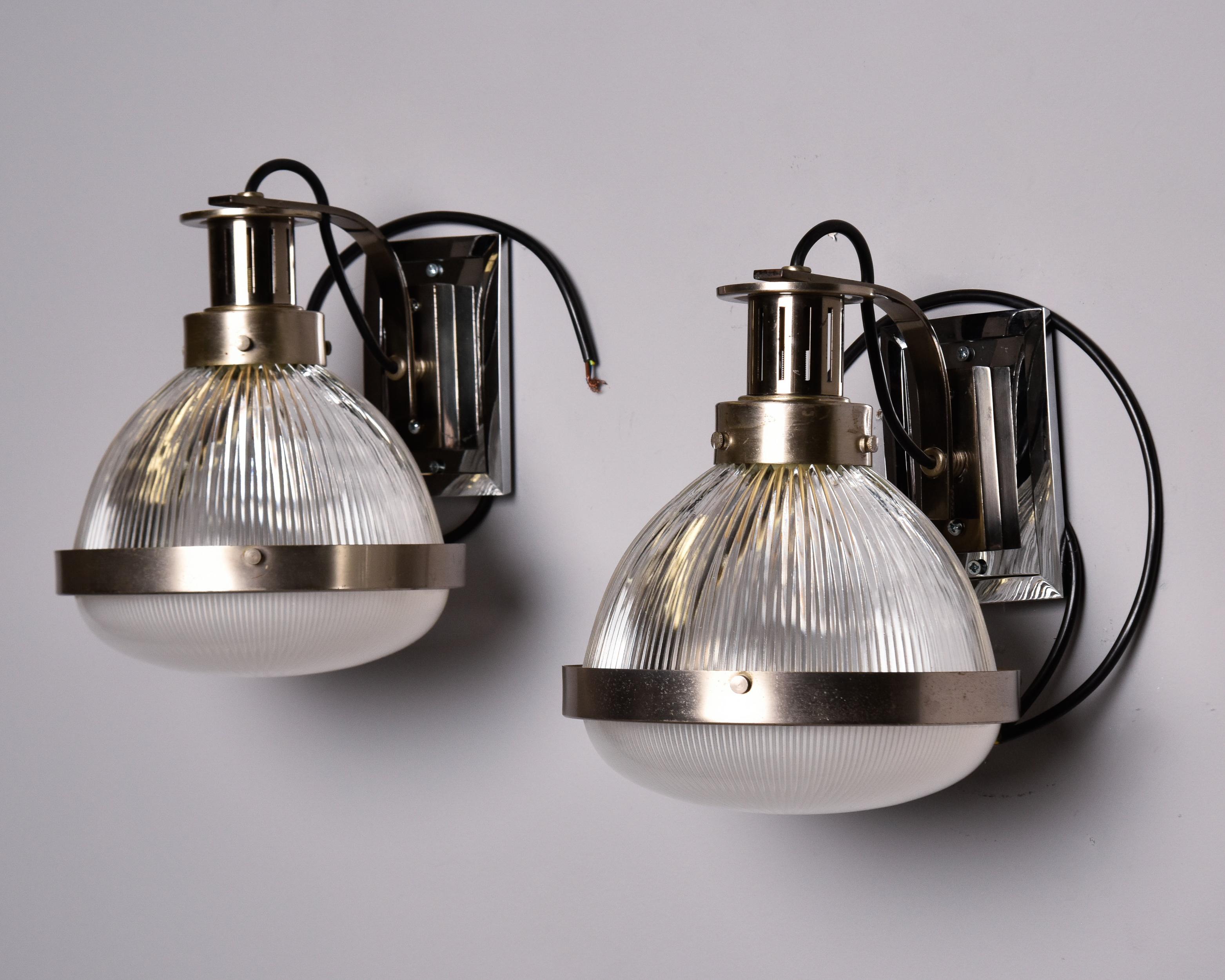 20th Century Pair Vintage English Industrial Chrome and Glass Sconces  For Sale