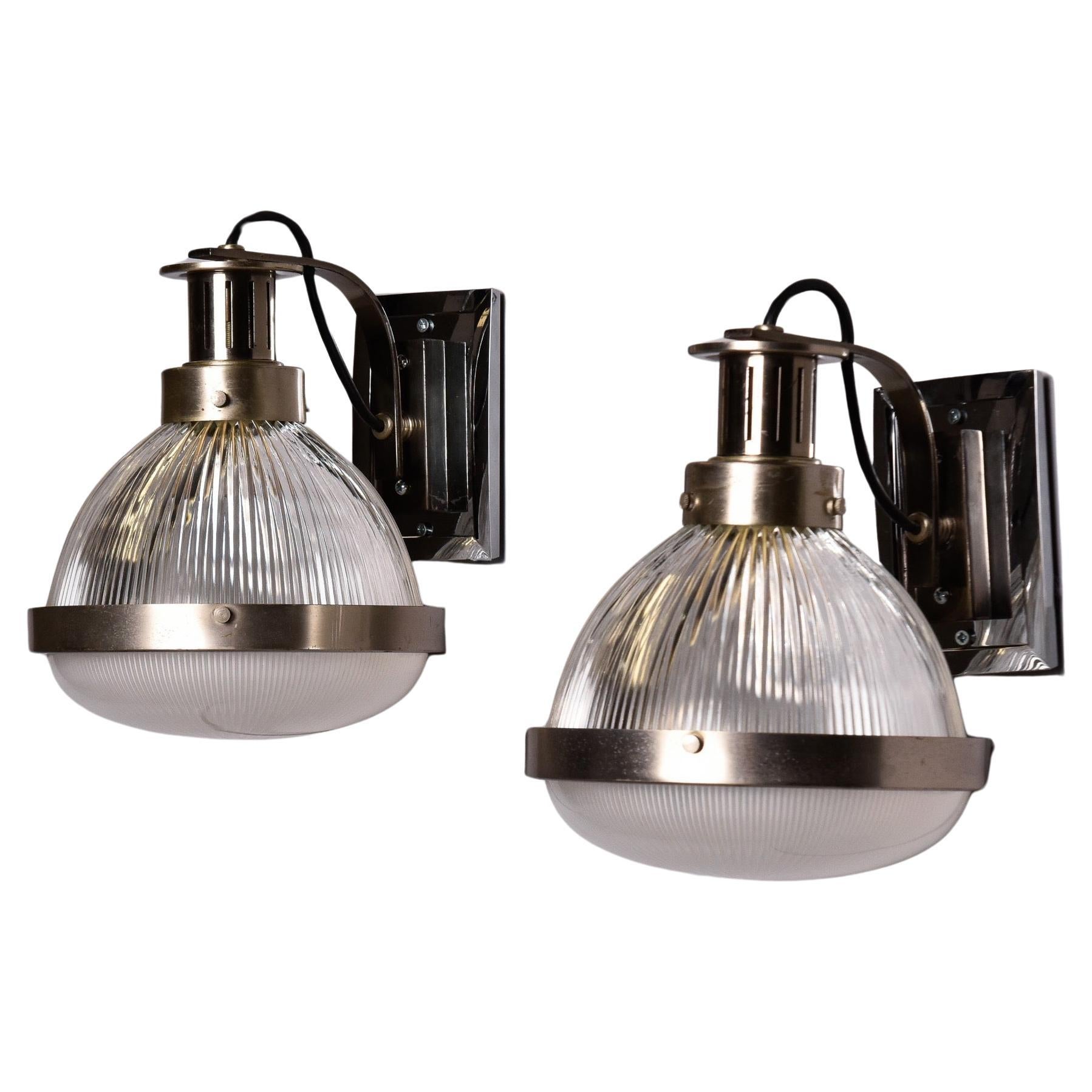 Pair Vintage English Industrial Chrome and Glass Sconces 