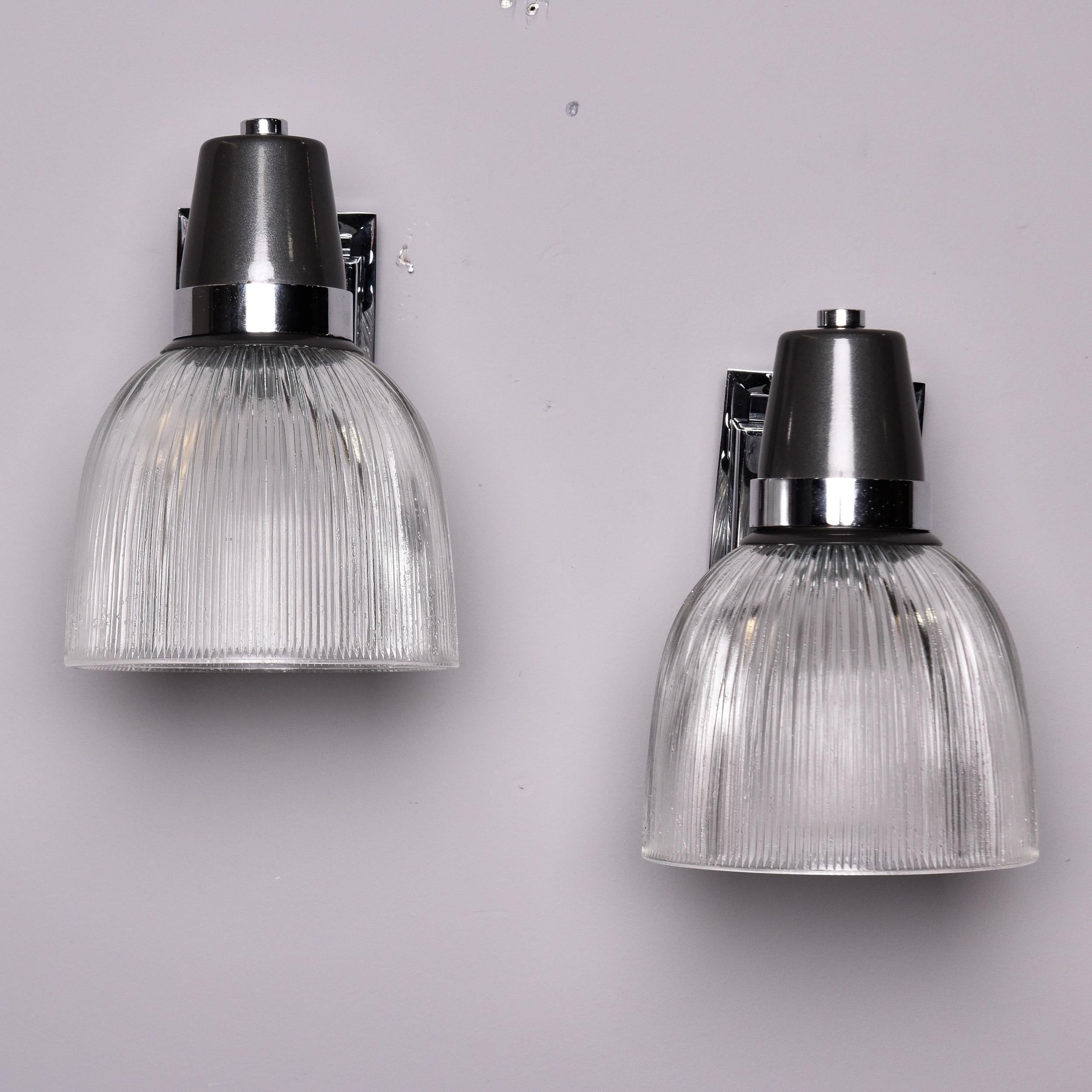 Industrial Pair Vintage English Silver and Black Sconces with Glass Shades For Sale