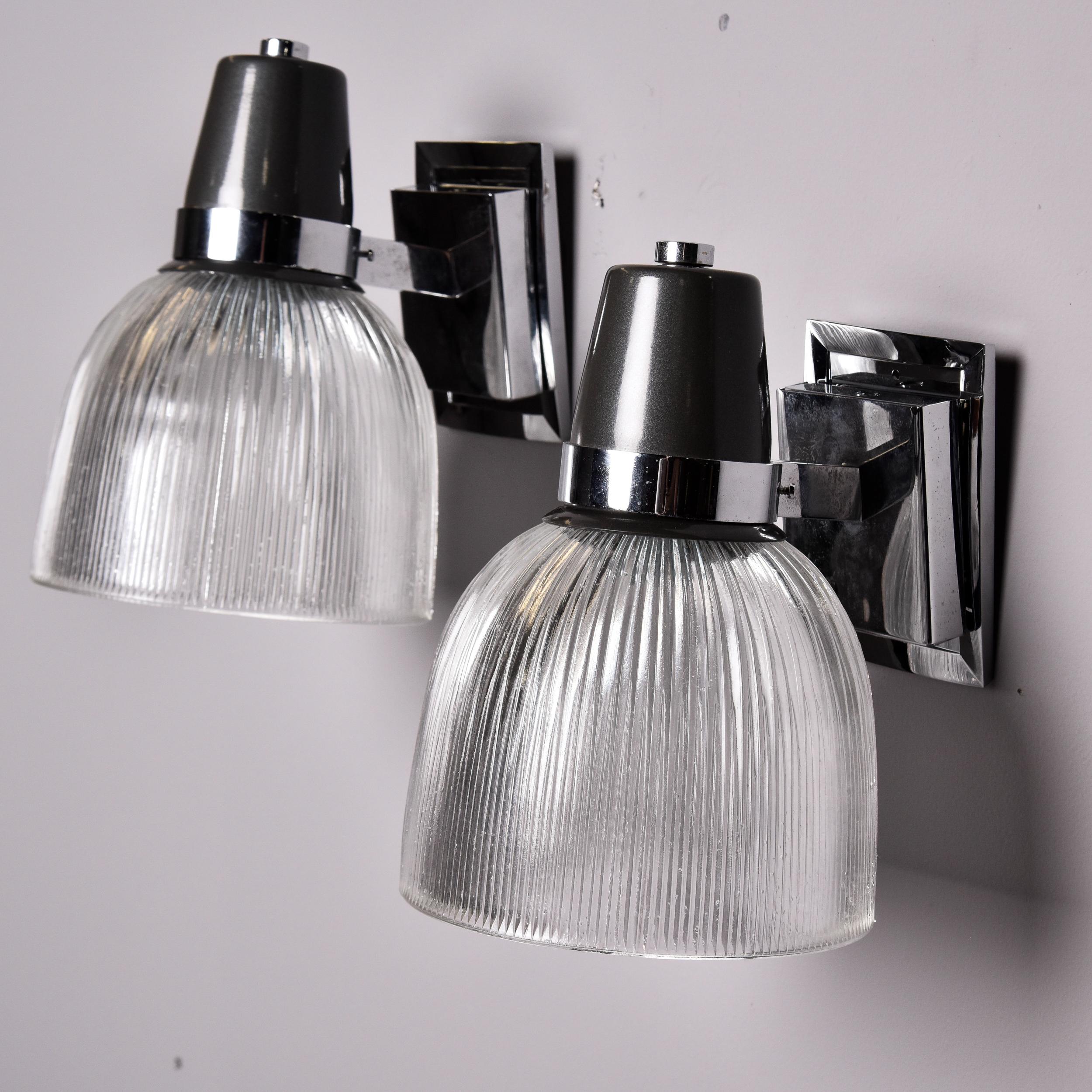 Pair Vintage English Silver and Black Sconces with Glass Shades For Sale 3