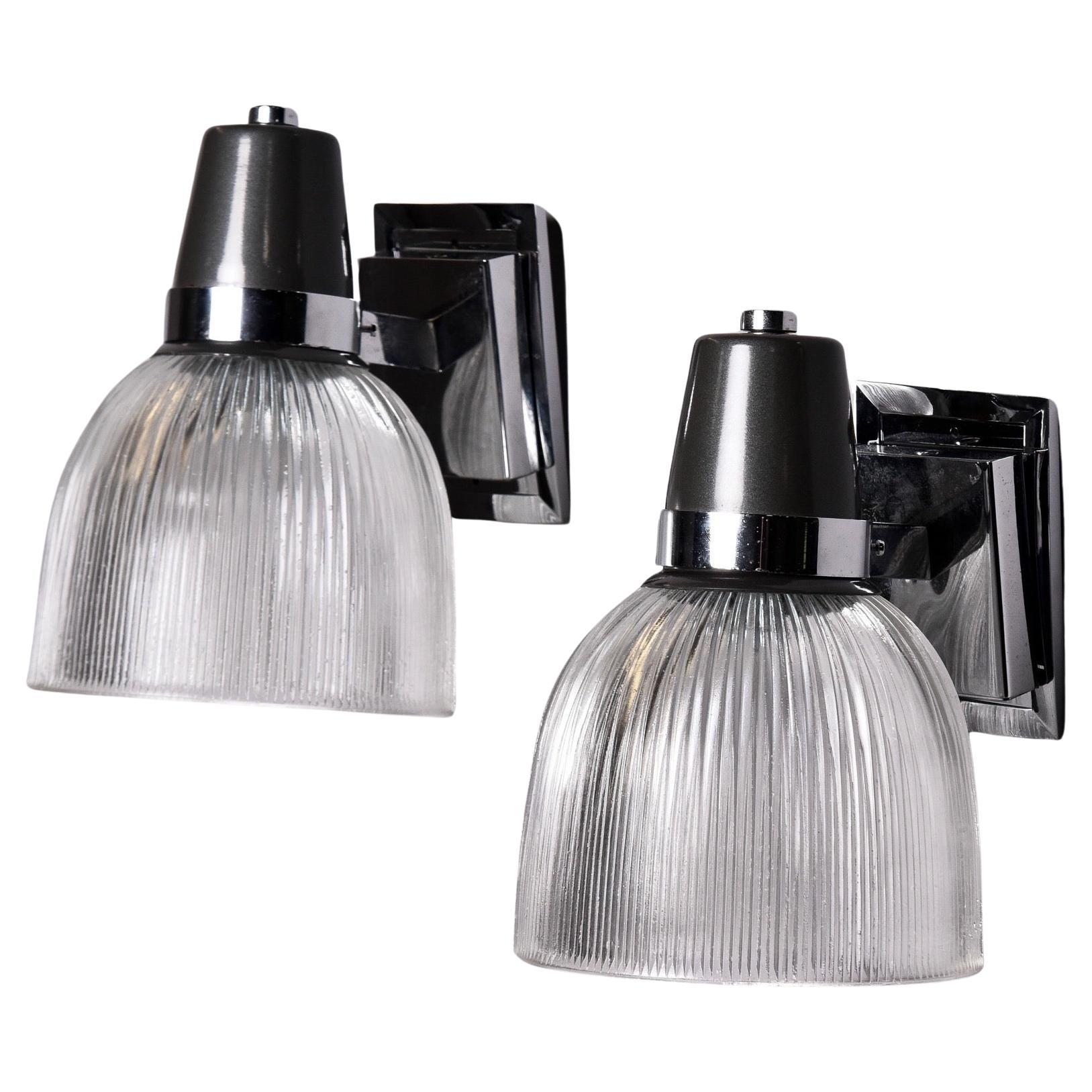 Pair Vintage English Silver and Black Sconces with Glass Shades For Sale