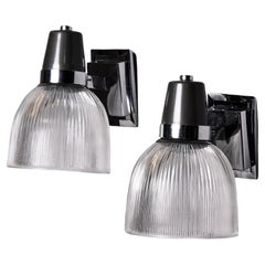 Pair Vintage English Silver and Black Sconces with Glass Shades