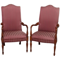 Pair of Vintage English Style Lolling Chairs Upholstered Mahogany Armchairs