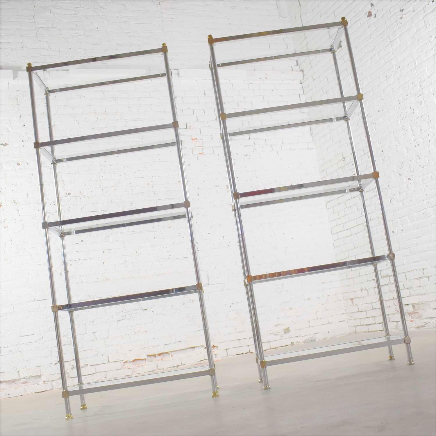 Vintage Étagère Display Shelves Chrome and Brass, Manner of Maison Jansen, Pair In Good Condition In Topeka, KS
