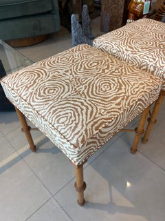 Pair Vintage Faux Bamboo Wood Benches Ottomans Newly Upholstered Quadrille