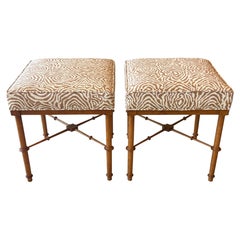 Pair Vintage Faux Bamboo Wood Benches Ottomans Newly Upholstered Quadrille