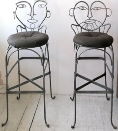 Pair Vintage Figural Postmodern John Risley Style Iron Bar Stools, 1970s-1980s