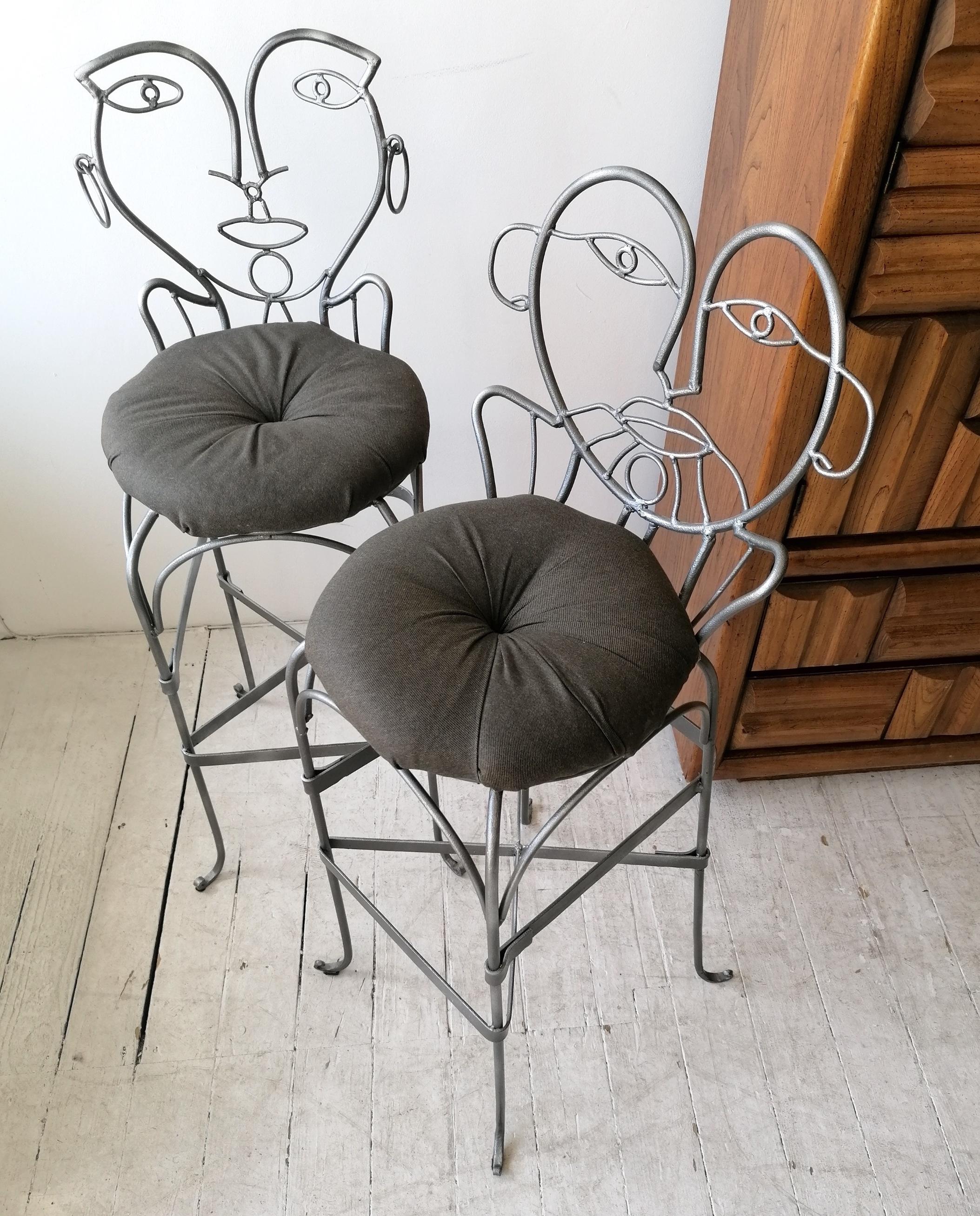 American Pair Vintage Figural Postmodern John Risley Style Iron Bar Stools, 1970s-1980s