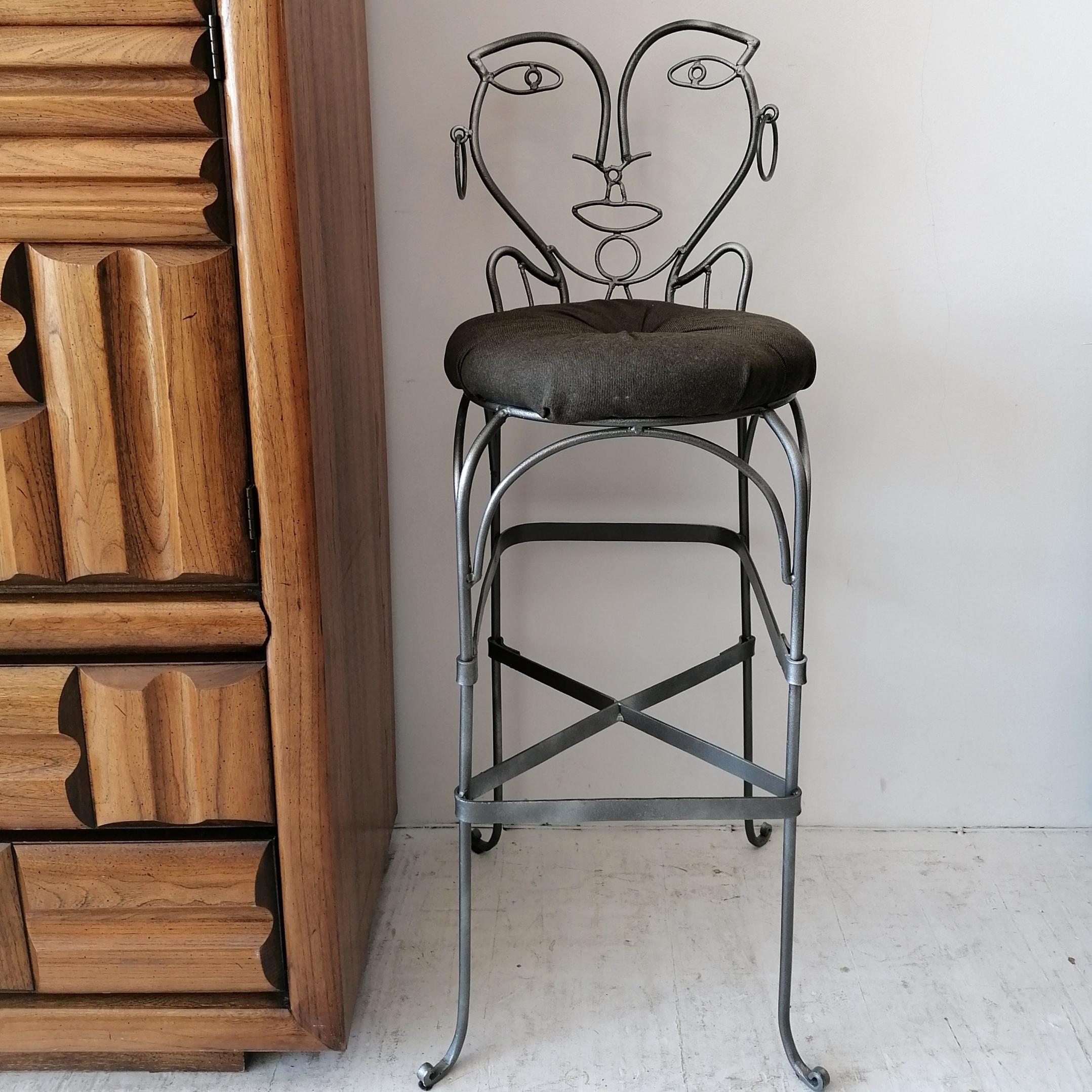 Pair Vintage Figural Postmodern John Risley Style Iron Bar Stools, 1970s-1980s In Good Condition In Hastings, GB