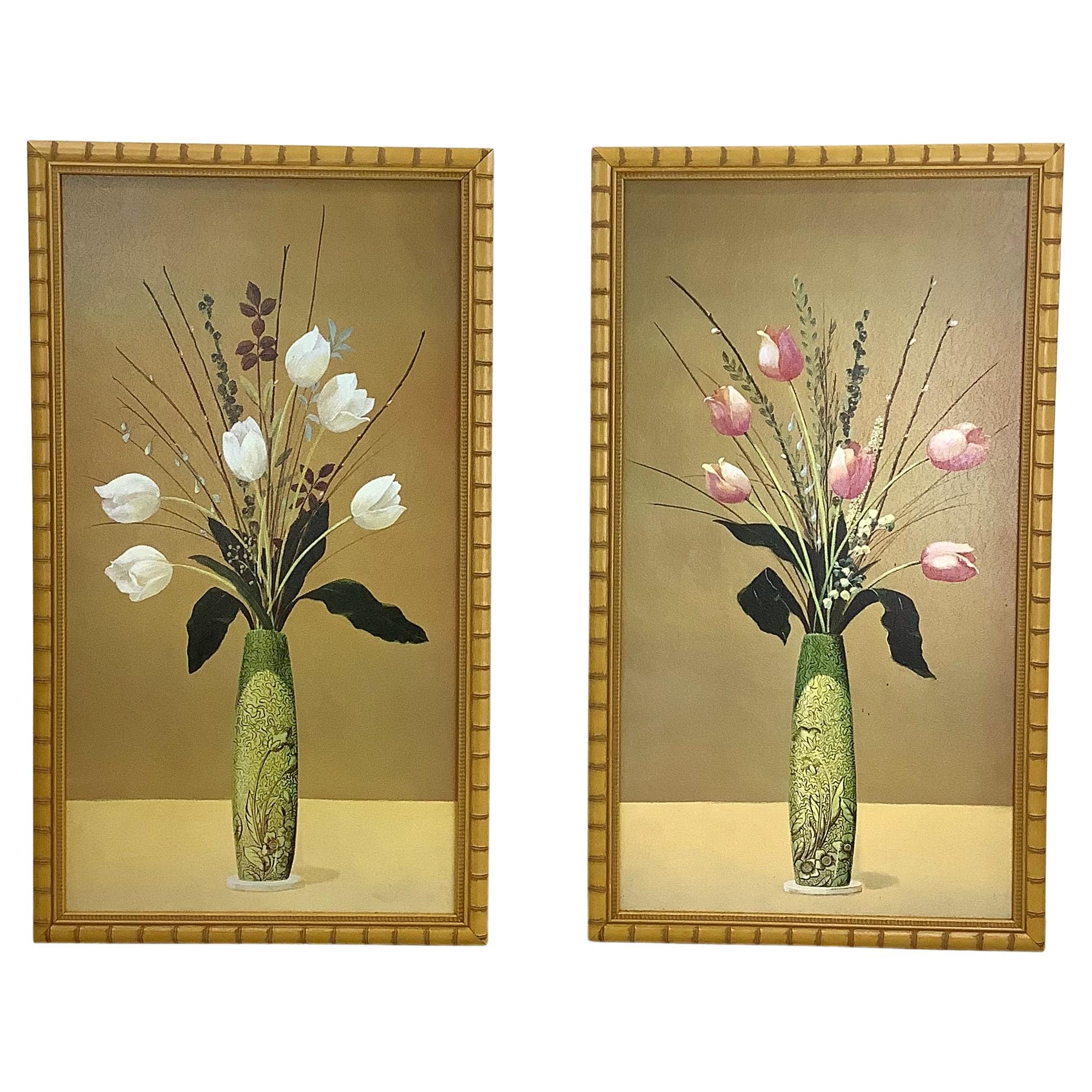 Pair Vintage Floral Kunstwerk In Gold Frames