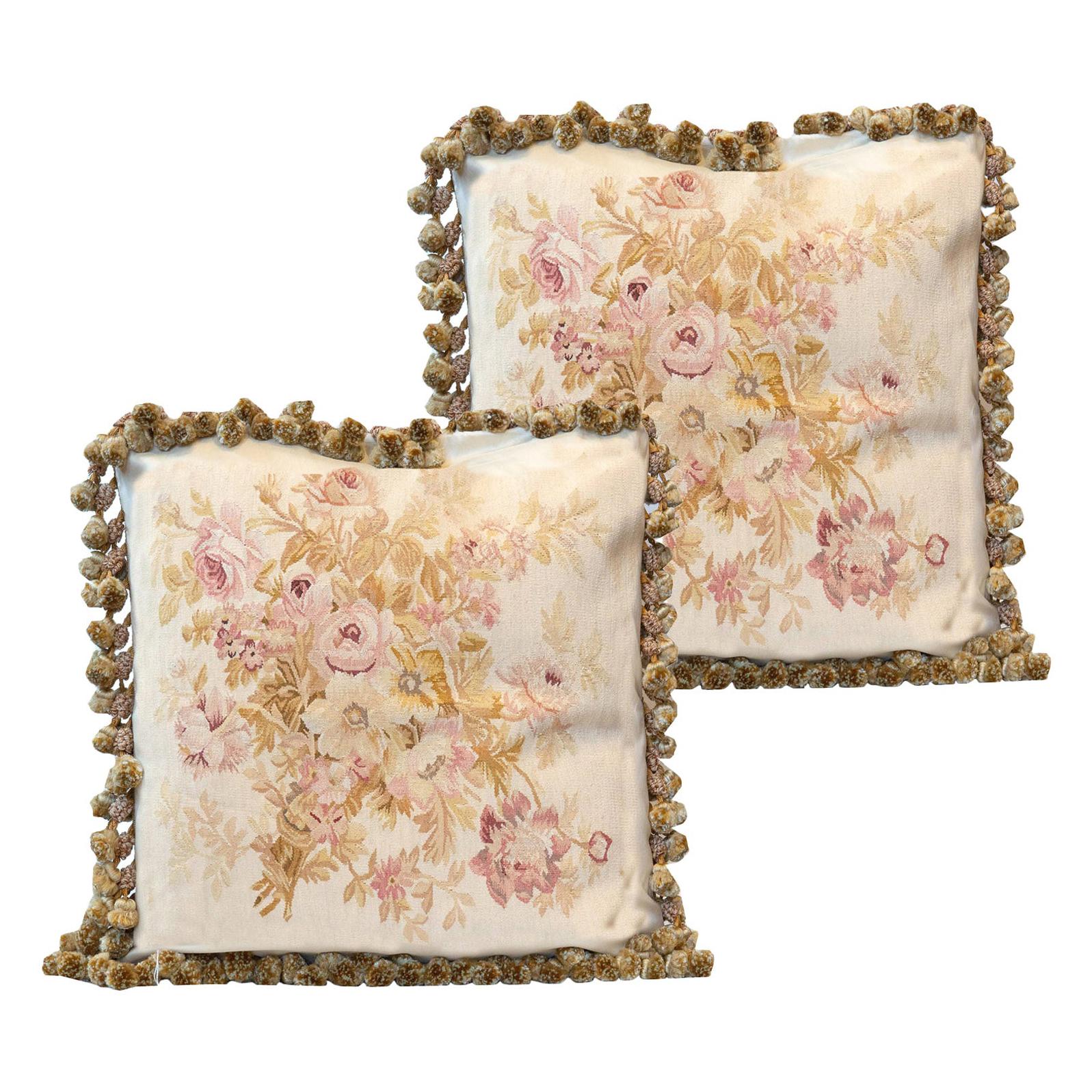 Pair Vintage Cushion Covers Floral Aubusson Handmade Silk & Wool Pillow Covers
