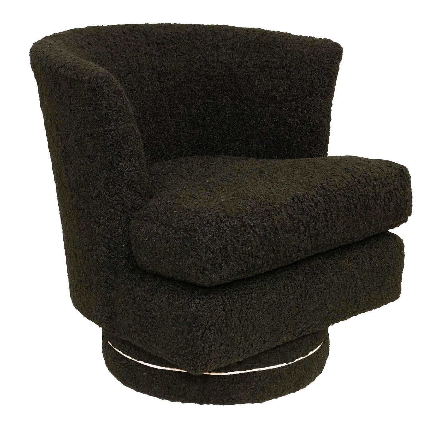 Contemporary Pair Vintage Fluted 50s Swivel Chairs Upholstered in Black Faux Shearling