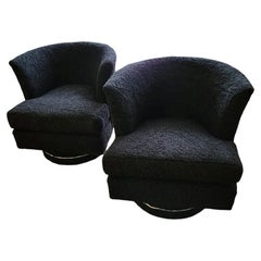 Pair Vintage Fluted 50s Swivel Chairs Upholstered in Black Faux Shearling