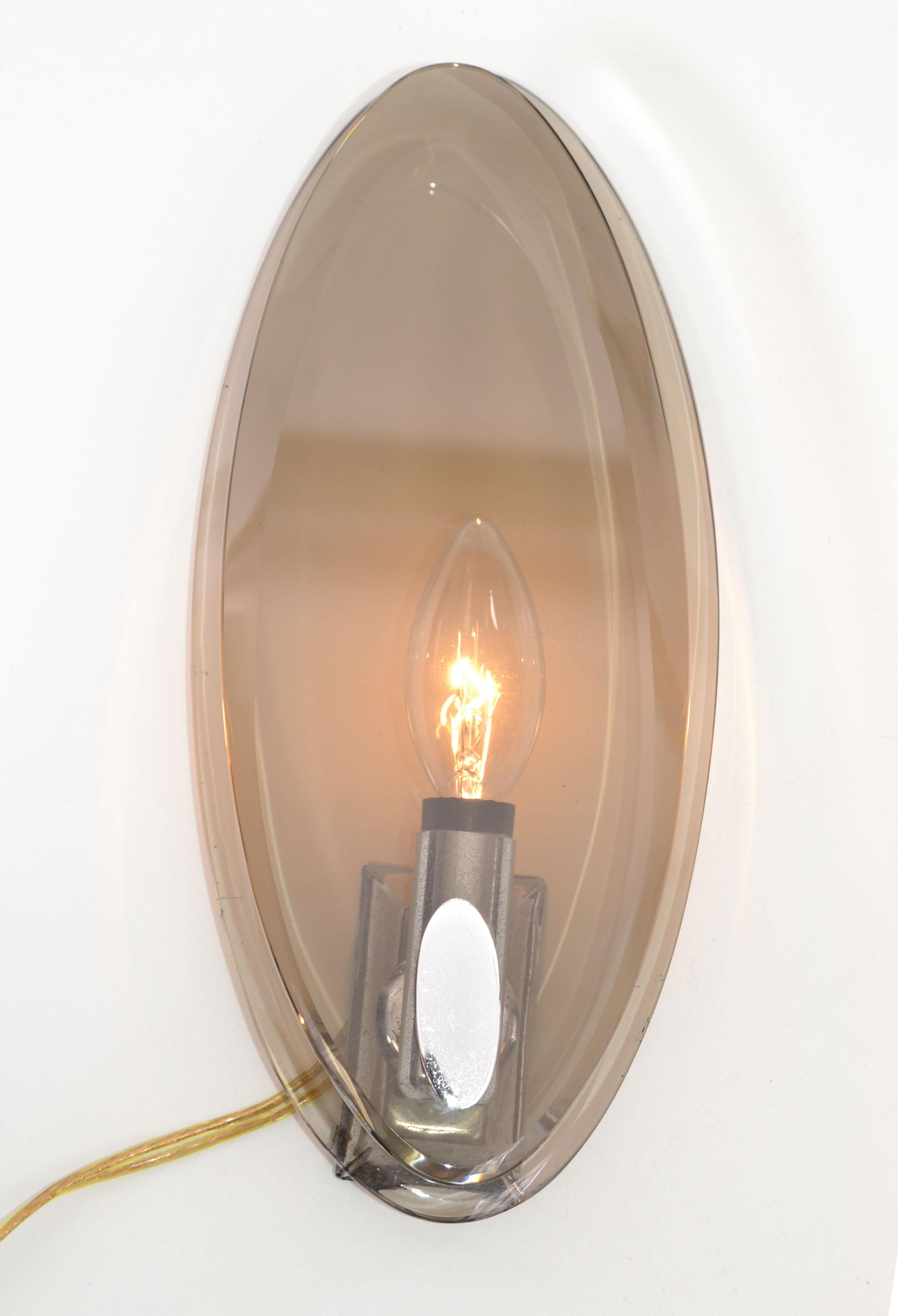 Pair, Vintage Fontana Arte Style Smoke Beveled Glass Sconces Wall Lights, Italy For Sale 3