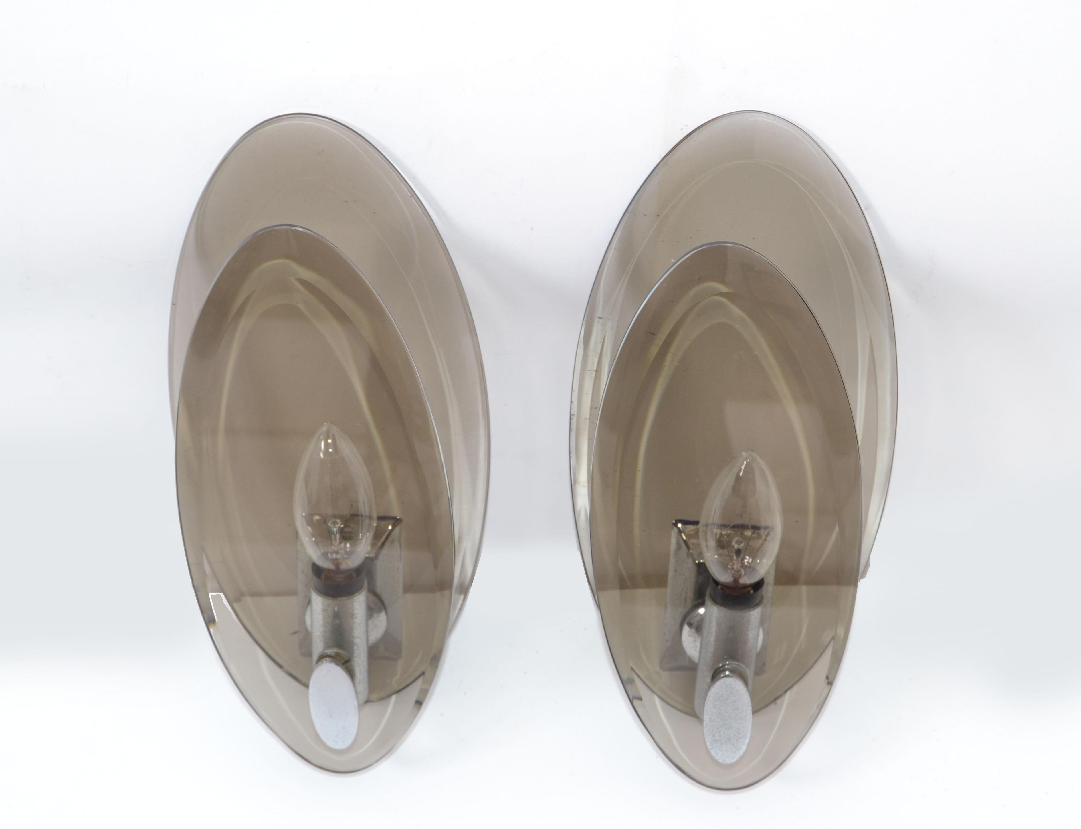 Pair, Vintage Fontana Arte Style Smoke Beveled Glass Sconces Wall Lights, Italy For Sale 5