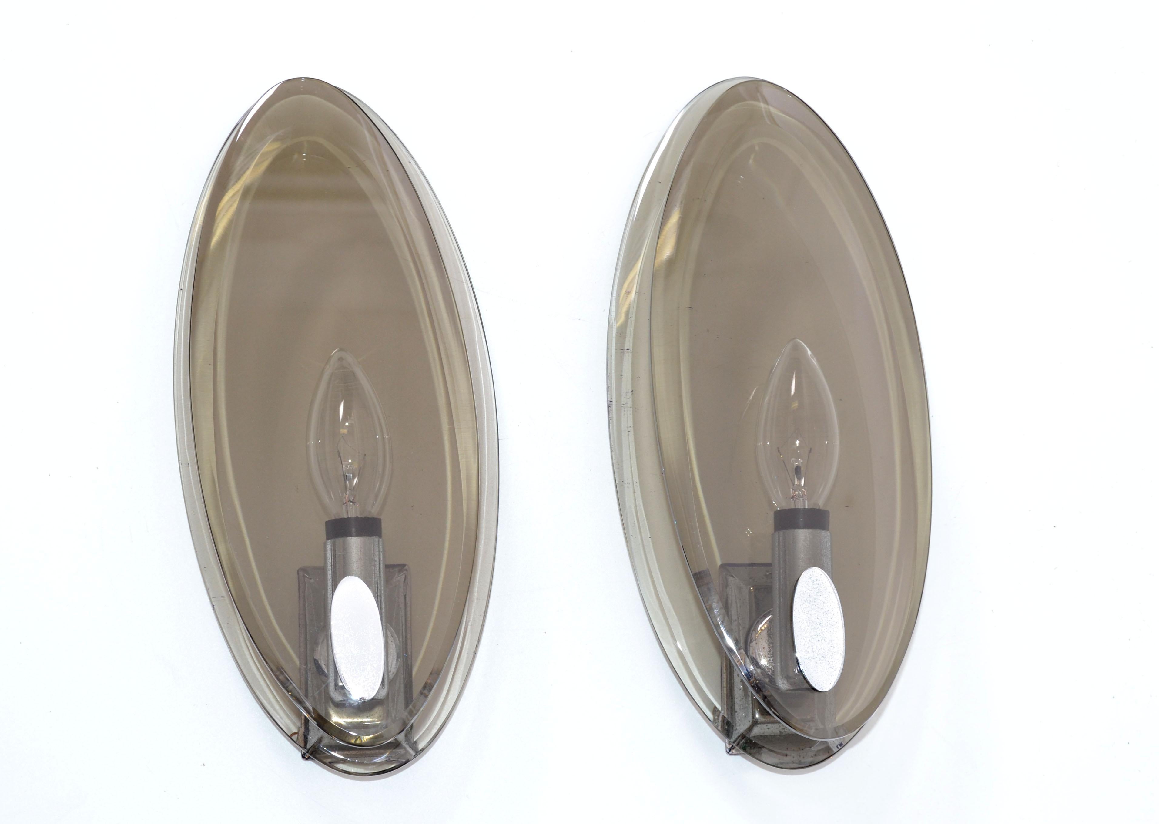 Pair, Vintage Fontana Arte Style Smoke Beveled Glass Sconces Wall Lights, Italy For Sale 9