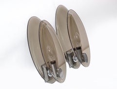 Pair, Vintage Fontana Arte Style Smoke Beveled Glass Sconces Wall Lights, Italy