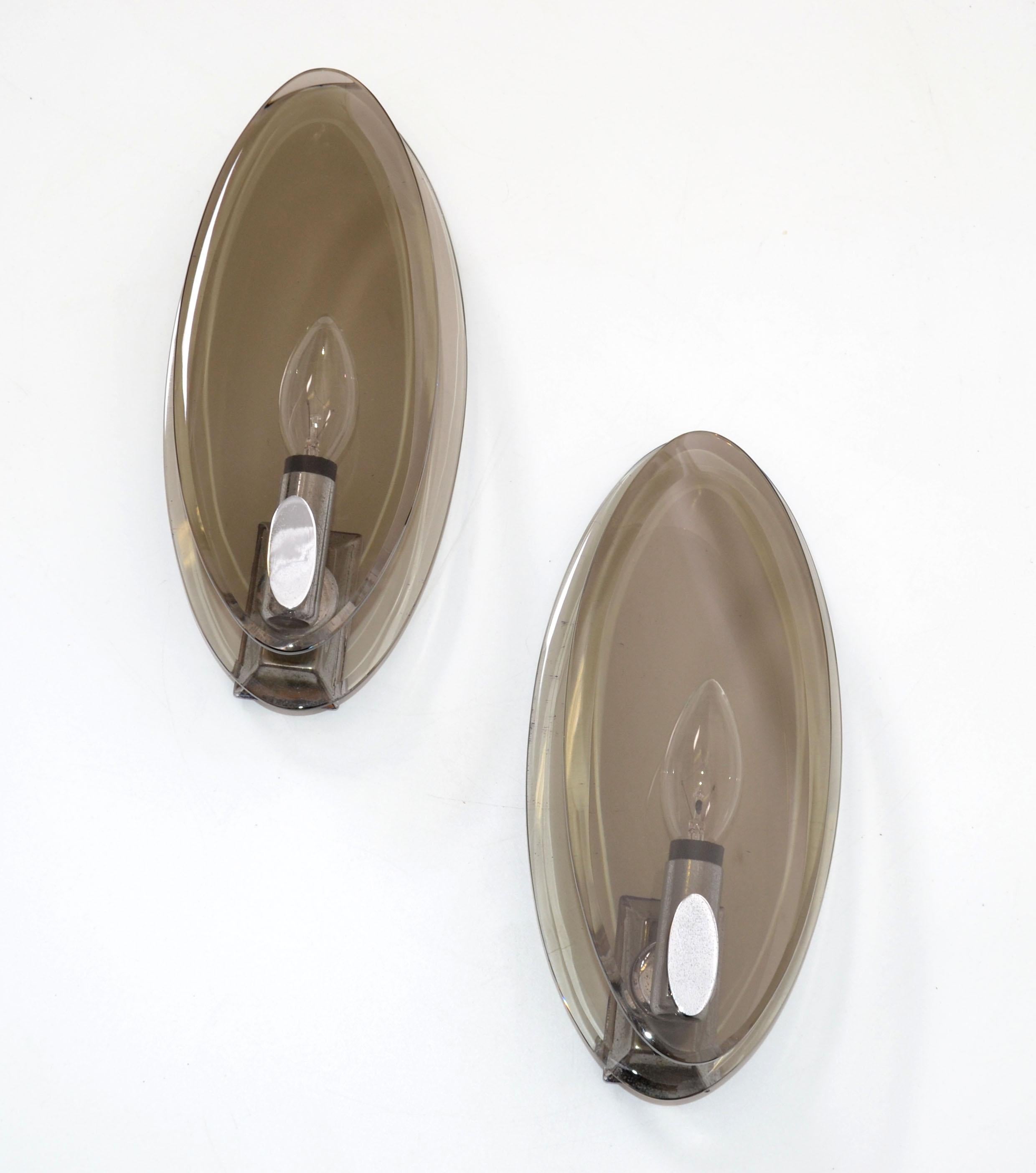 Italian Pair, Vintage Fontana Arte Style Smoke Beveled Glass Sconces Wall Lights, Italy For Sale